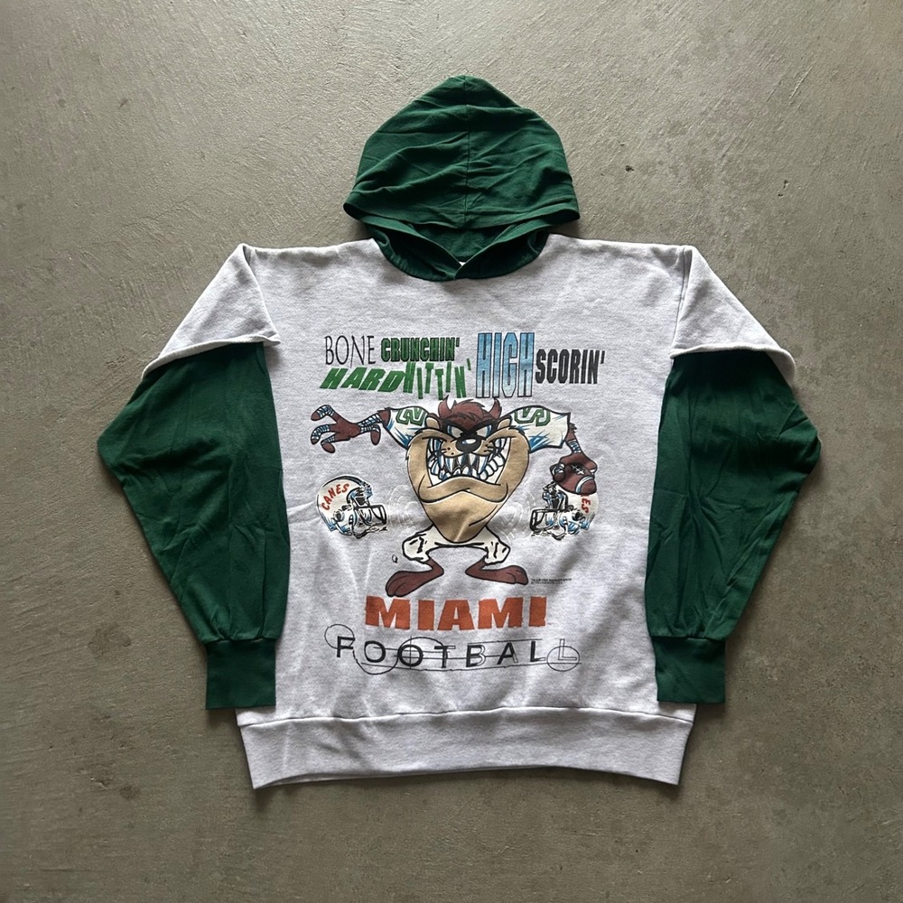 Vintage 90s Looney Tunes Miami Football Sweatshirt Size Large Gray Hoodie Taz 95